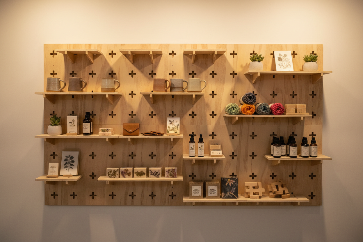 Wooden wall shelf with various items against a plain wall