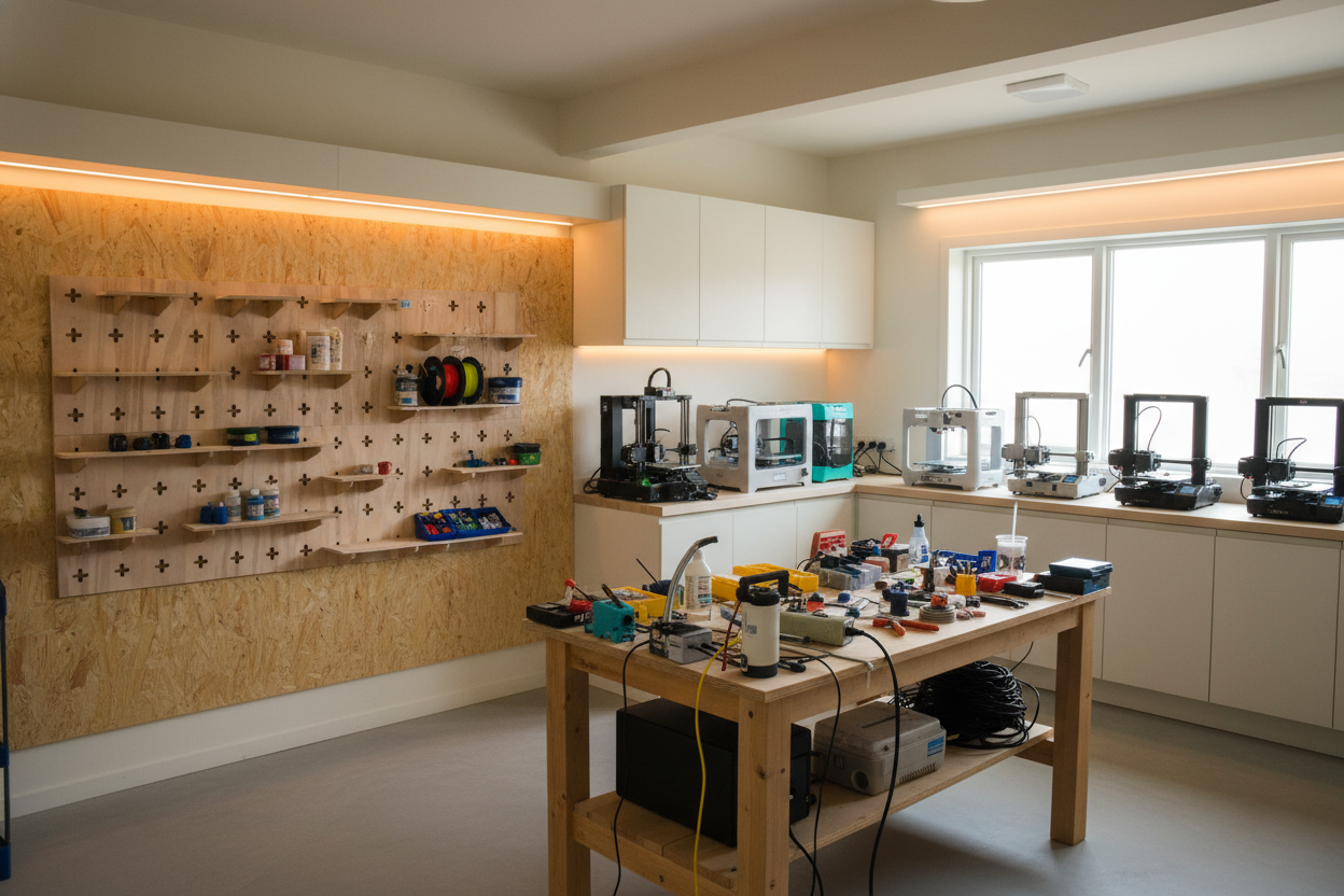 Modern kitchen with wooden shelves, appliances, and a workbench.
