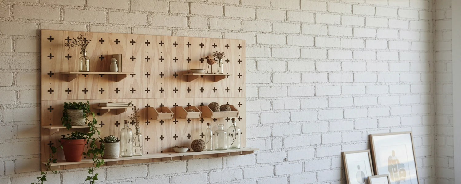 Wooden pegboard wall organizer with shelves against a white brick wall.