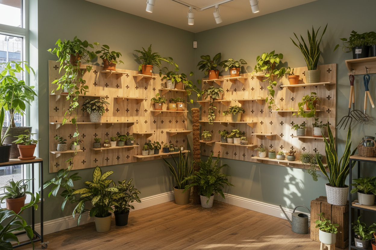 Indoor setting with wooden shelves and plants on a gray wall.